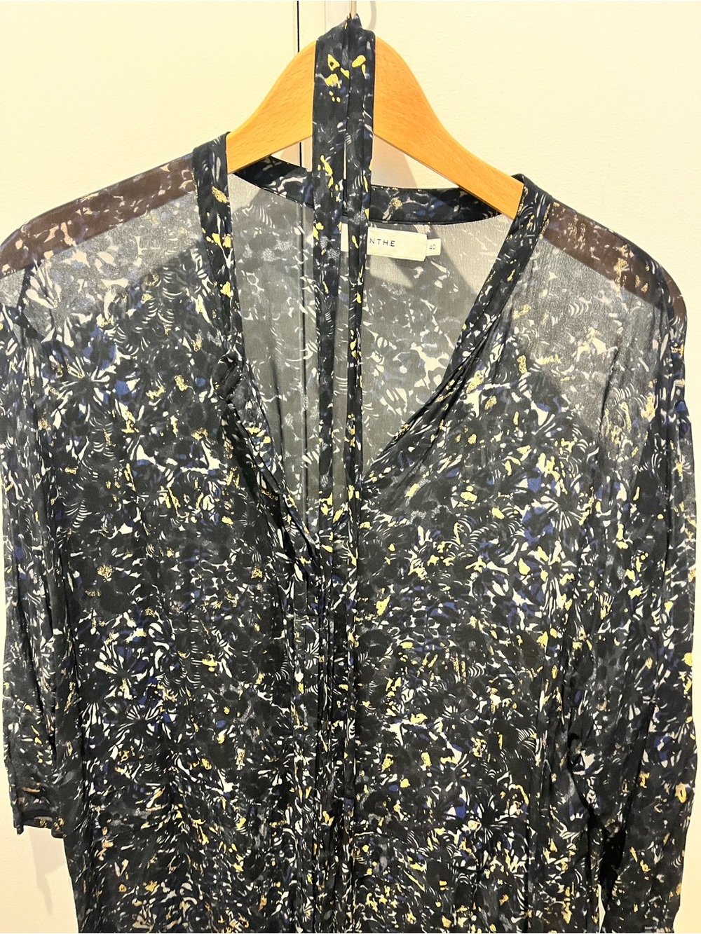 Sheer Floral Midi Dress 3/4 sleeve in Navy and Gold detail